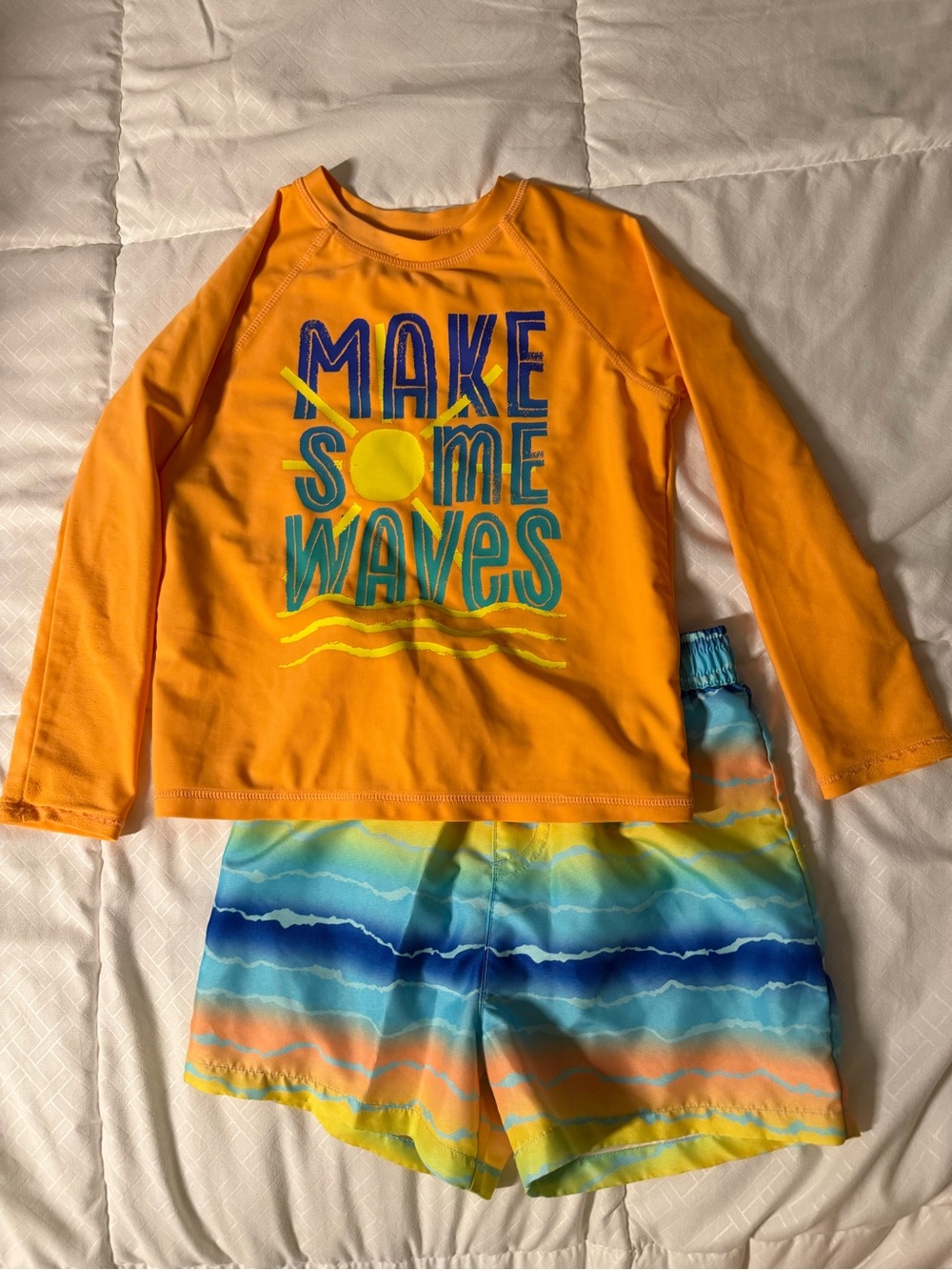 jumping beans Orange 'Make Some Waves' Rashguard Set with Blue-Aqua Wave Shorts